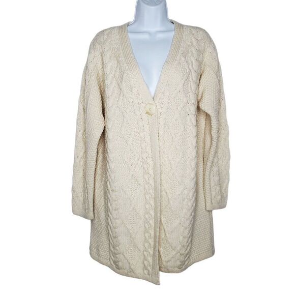 Aran Crafts Merino Wool Knit Cardigan Duster Long Sweater L Ireland Cream Ivory - Picture 2 of 6